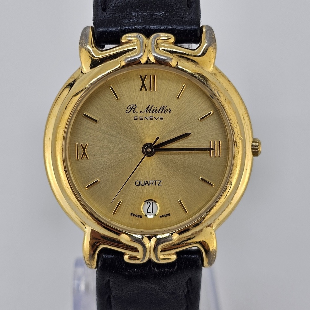 VTG R Müller Geneve Women's Watch 32MM Gold Dial Date Black Bands NEW Battery